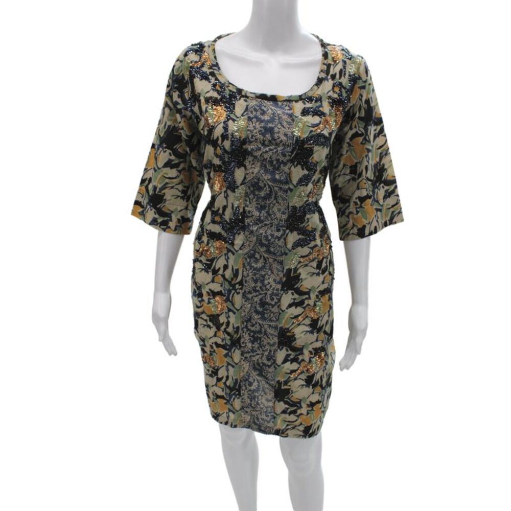Designer Womens Shift Dress Floral Multicolor Cotton Scoop Half Sleeve Size 1